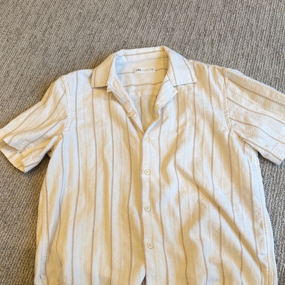Zara Men's Cream Striped Button Down Shirt medium